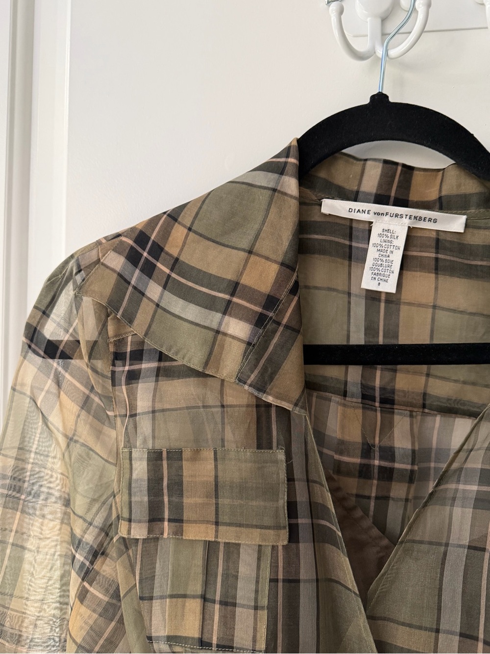 Diane von Furstenberg Olive and Tan Plaid Midi Dress